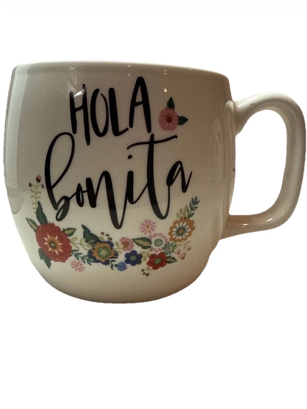 Target Opalhouse White Ceramic Mug with Multicolor Floral Script Hola Bonita